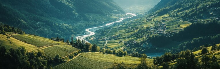 Aerial view of the breathtaking Aosta Valley showcasing rolling hills, vineyards, and the winding...