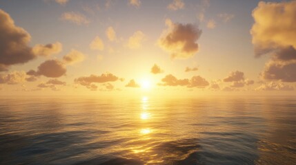 Obraz premium The sun sets over calm waters, casting a golden light across the sea and sky, creating a serene and peaceful scene with soft clouds glowing in the distance.