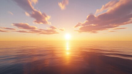 Obraz premium The sun sets over calm waters, casting a golden light across the sea and sky, creating a serene and peaceful scene with soft clouds glowing in the distance.