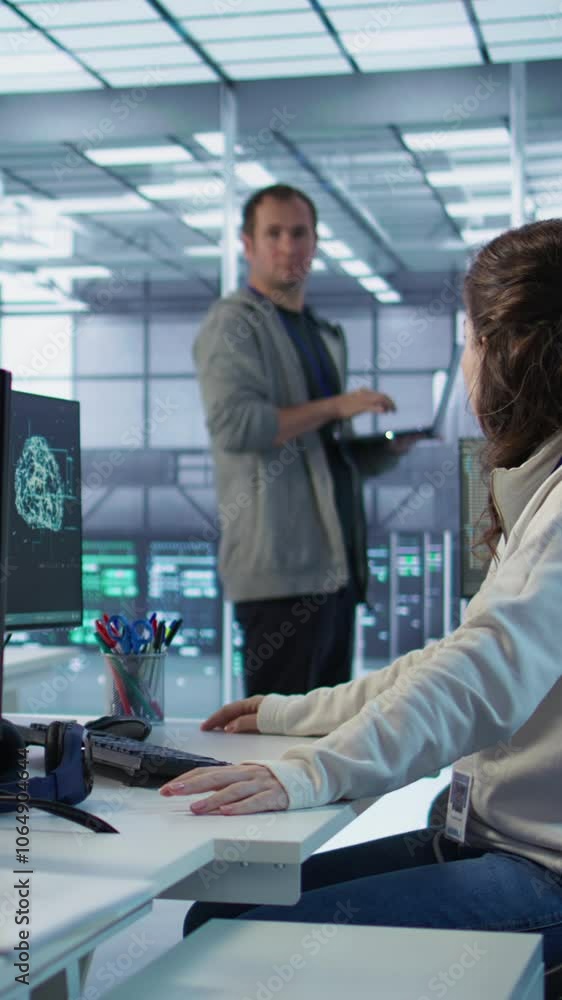 Poster angry woman getting computer crash while trying to fix error in high tech data center. furious emplo