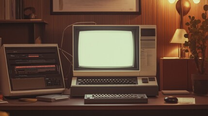 A nostalgic mockup screenshot of an old-school computer setup in a cozy retro-themed office space