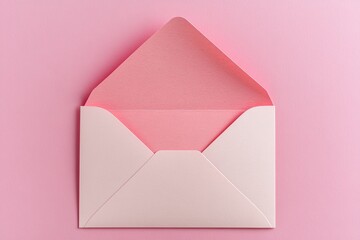 Top view of blank paper card in an open pink envelope. 3d love letter isolated on pink background, with generative ai