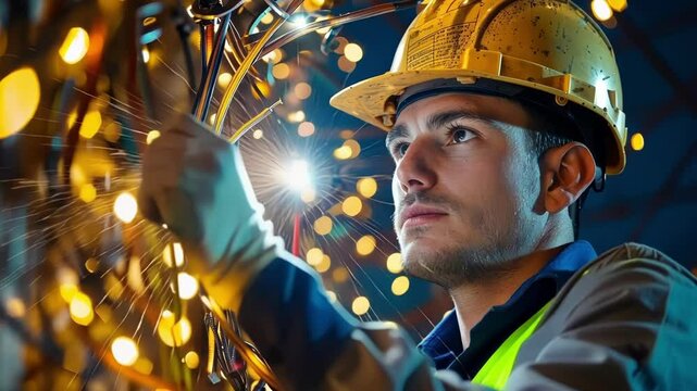 A team of electricians working on electrical wiring for an upcoming building with sparkles of light and sparks flying.