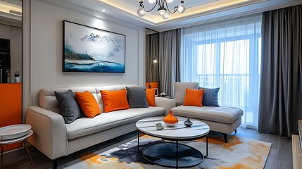 Fashionable photography Modern living room with a light sofa