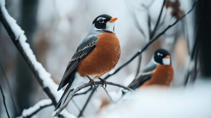Two American robins perched on snow-covered branches in a winter landscape, showcasing their distinctive orange breasts and grayish wings against a blurred background.