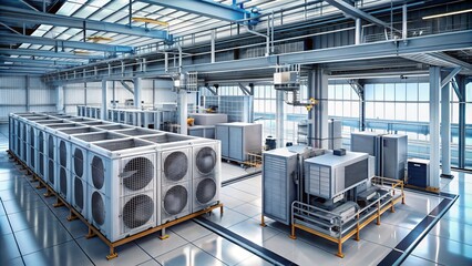 Industrial Large Air Conditioner Condensing Unit with VRF Units in a Factory Setting, Isometric View, Showcasing Commercial HVAC Solutions and Equipment in an Urban Exploration Theme