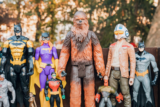 1 September 2024, Belgrade, Serbia: Superhero and sci-fi figurines on display at an outdoor comic festival, highlighting pop culture icons