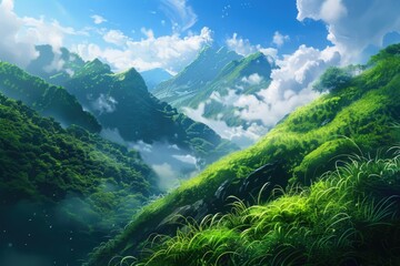 A serene landscape of a mountain range with a valley in the foreground, suitable for use in travel, outdoor adventure, or nature-related contexts