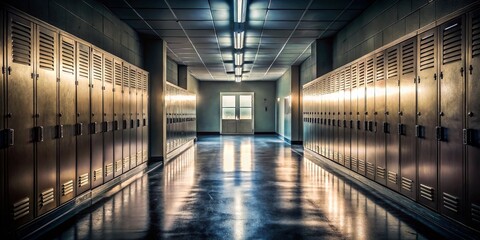Obraz premium Long Exposure of School Lockers in an Empty Hallway, Capturing the Stillness of an Abandoned Space with Soft Lighting and Gentle Shadows, Evoking a Sense of Nostalgia and Reflection