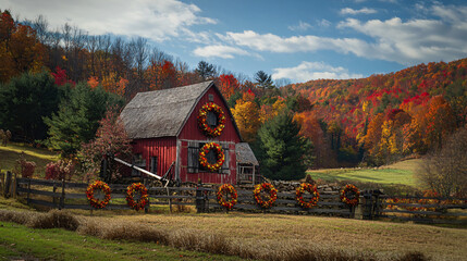 A historical mill standing proud in a field, decorated with colorful autumn wreaths for Thanksgiving.