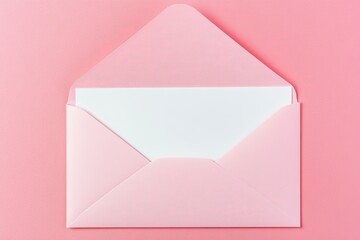 Top view of blank paper card in an open pink envelope. 3d love letter isolated on pink background, with generative ai