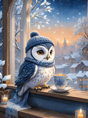 a cozy winter scene with a small owl as the central focus
