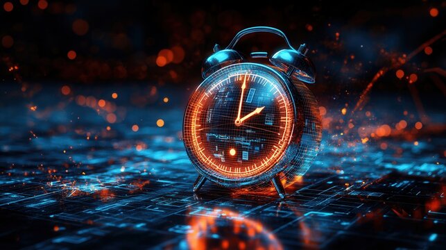Futuristic alarm clock with neon glow, set against a digital backdrop, symbolizing time management and technology.