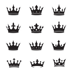 Elegant Crown Icon Set | Black Silhouette Crown Collection on White Background for Creative Projects