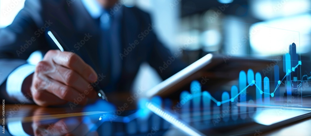 Poster Business professional reviewing financial charts and data on a digital tablet. The image focuses on a business environment with modern technology and data visualization in the background.