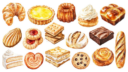 Bakery and pastry png watercolor food element set, transparent background