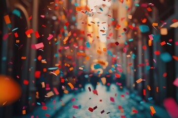 Confetti falls from the sky onto a city street, creating a festive atmosphere