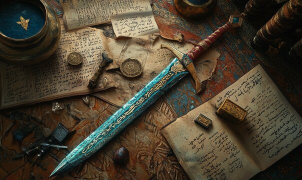 An ornate sword rests on ancient scrolls.
