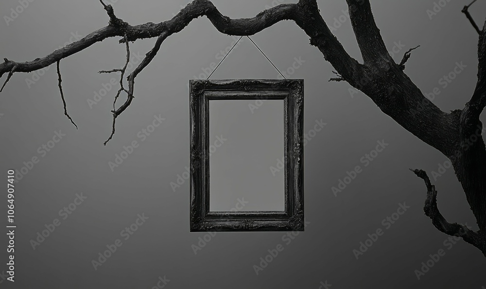 Poster a black and white image in a minimalist style, featuring an old, empty picture frame hanging from a 