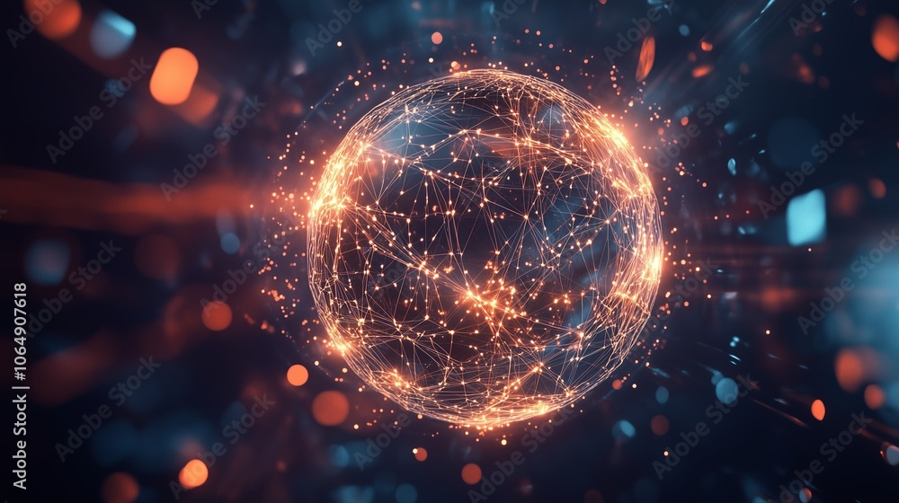 Poster a glowing digital globe surrounded by interconnected lines and nodes illustrating data flow in a fut