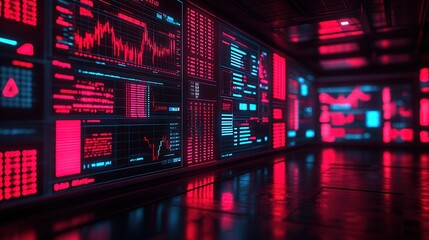 Fototapeta premium Futuristic data dashboard with glowing charts and vibrant colors, ideal for technology and finance themes in digital environments.