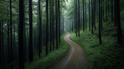 Fototapeta premium Winding gravel path through dense forest with tall, straight trees and lush green foliage on a misty day.