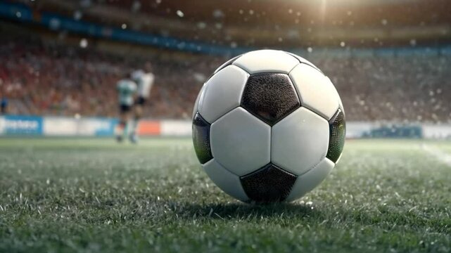 The soccer ball on the velvety green surface of the stadium, mirroring the skill and intensity of the players in the pivotal match of the Champions League with copy space. Generative AI