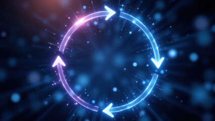 A digital illustration featuring a glowing circular symbol with arrows pointing to it, set against a cosmic background.
