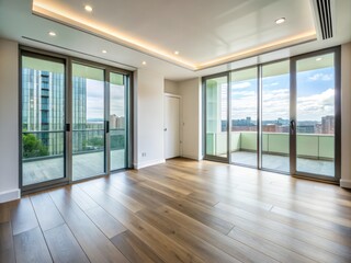 Fototapeta premium Minimalist Empty Room with Sliding Glass Doors and Floor to Ceiling Windows in a Modern Apartment Building in London, UK - Ideal for Interior Design and Architecture Themes