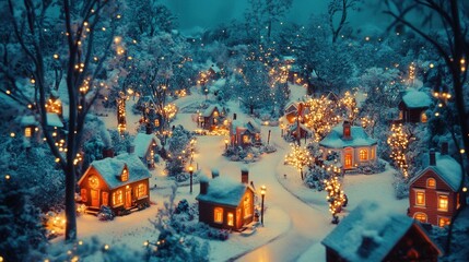 A charming miniature Christmas village adorned with twinkling lights in a winter wonderland