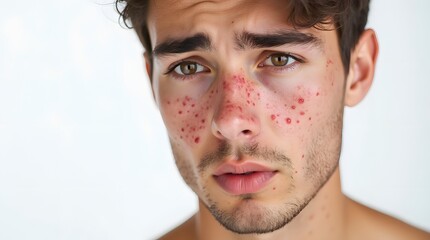 Obraz premium Young Man with Acne on Face Isolated on White Background