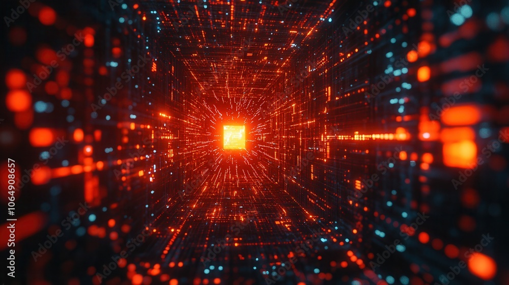 Poster futuristic digital tunnel with vibrant lights and abstract patterns, representing a journey through 