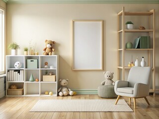 Minimalist Mock-Up Frame in a Unisex Children's Room Interior with Soft Pastel Colors and Simple Decor Elements for a Cozy and Playful Atmosphere