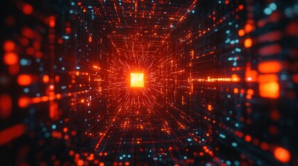 Obraz premium Futuristic digital tunnel with vibrant lights and abstract patterns, representing a journey through technology and innovation.