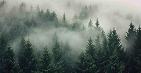 A Misty Forest of Evergreen Trees