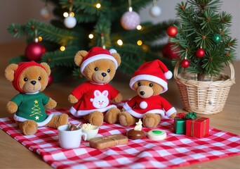 Picnic with teddy bears dressed in holiday outfits. Seated on a red-and-white checkered blanket, surrounded by miniature treats and presents. Holiday charming. Christmass, new year.