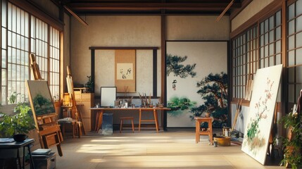 A refined Japanese artist's studio with bright