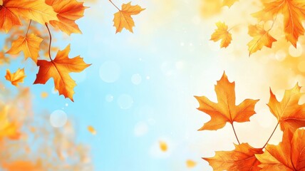 Autumn background with maple leaves and bokeh,Fall blurred background, Yellow and red maple leaves are flying and falling down. Autumnal landscape.water drop on leaf,space for text.