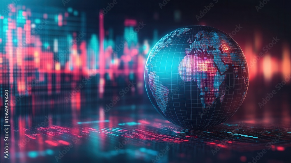 Poster futuristic globe with digital data visualization, showcasing global connections and technology in a 