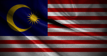 The national flag of Malaysia, with distinct red and white stripes and a dark blue canton...