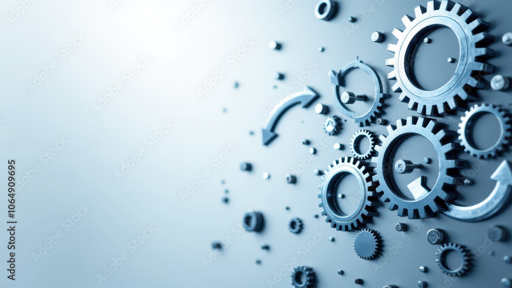 Poster high-tech gears and numbers flying together in an abstract graphic.
