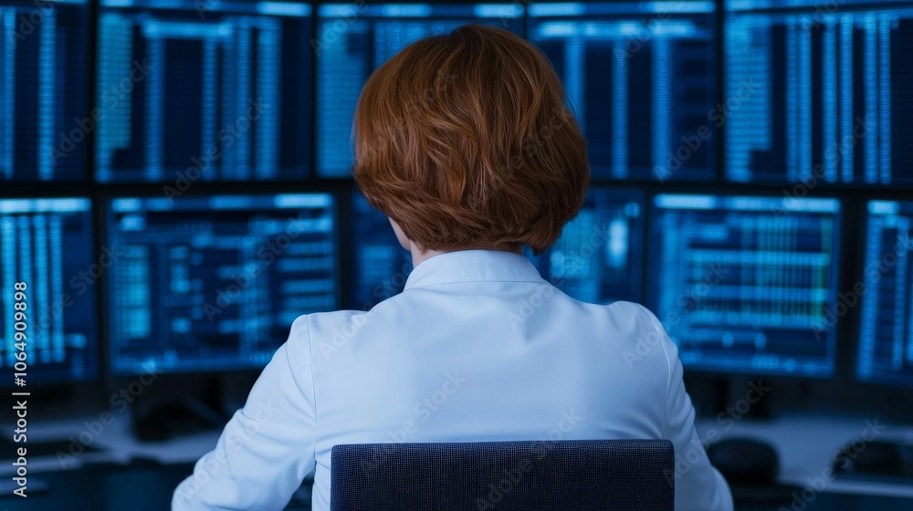 Poster cybersecurity analyst at work: a woman sits before a wall of monitors displaying complex data stream