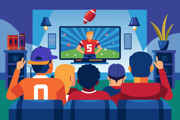 Enthusiastic football fans watching super bowl game at home