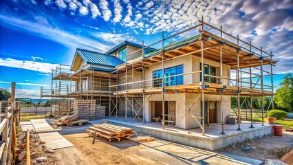 New Residential House Under Construction in Contemporary Style with Clear Blue Sky, Showcasing Modern Architecture at a Building Site, Highlighting Progress and Innovation