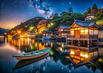Obraz premium Night Photography of a Japanese Small Shrine on a Hill Overlooking Ine Fishing Village, Showcasing Unique Funaya Boat Houses in Kyoto, Japan on October 20, 2024
