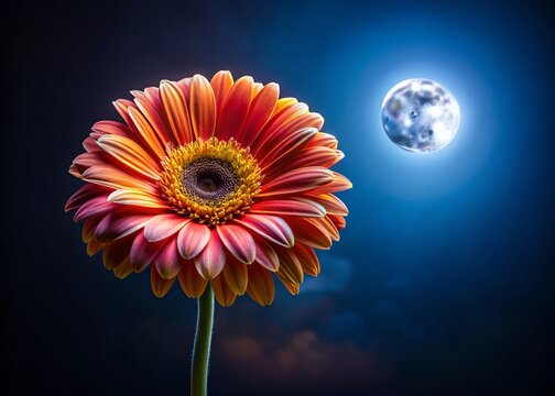 Night Photography of a Beautiful Artistic Garbera Flower in Blooming Under Soft Moonlight, Showcasing Vivid Colors and Unique Petal Patterns in a Dark Background