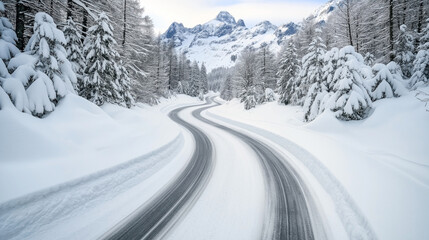 Snow-covered winding road through forest with snow-laden pine trees leading towards distant snow-capped mountains under gray sky