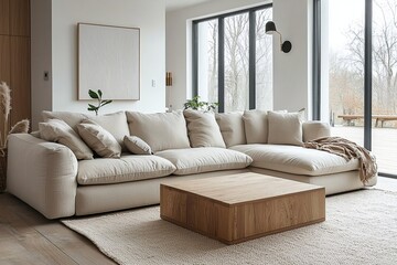 This is a living room with windows. This is the interior of a residential living room with a Scandinavian interior design. Generative AI
