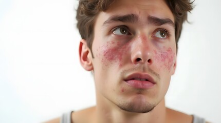 Obraz premium Young Man with Acne on Face Isolated on White Background