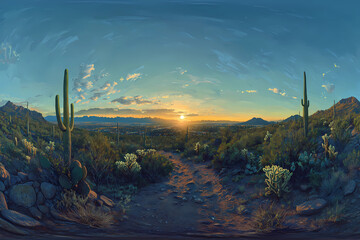 Obraz premium 360-degree panorama of a cactus desert landscape at sunset, with an mountain range in the background